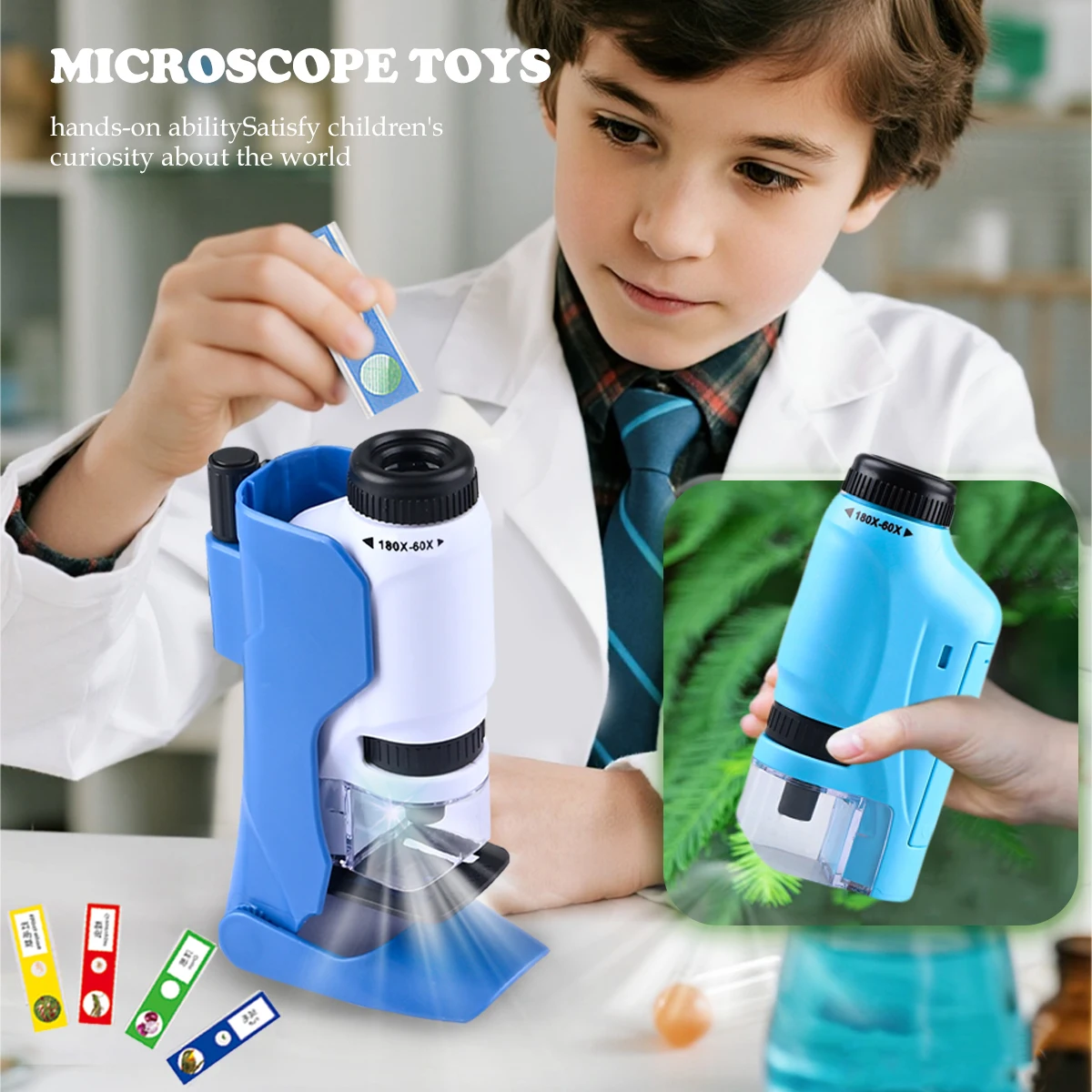 Zabawki z mikroskopem ręcznym, zestaw mini mikroskopu dla dzieci z podświetleniem LED, powiększenie 60X-180X, prezenty dla studentów nauk