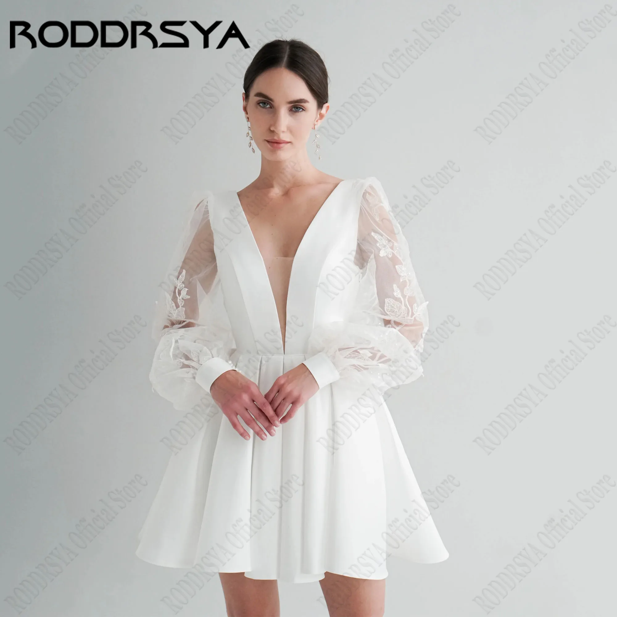 RODDRSYA Mini A-Line Bride Party Gown Long Puff Sleeves Appliques Satin Wedding Dress V-Neck Button vestidos de novia Customized