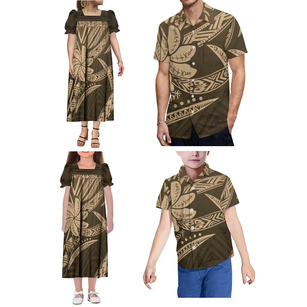 Set personalizzato per famiglia polinesiana estiva con stampa tribale samoana Abito Mumu per madre-figlia Camicia tascabile casual hawaiana padre-figlio