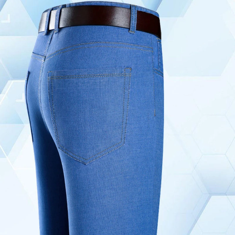 Men Jeans Blue Pants Baggy Trouser Man Colthing Thin Stretch High Waisted Straight Leg Business Design Casual Solid Slim Fit