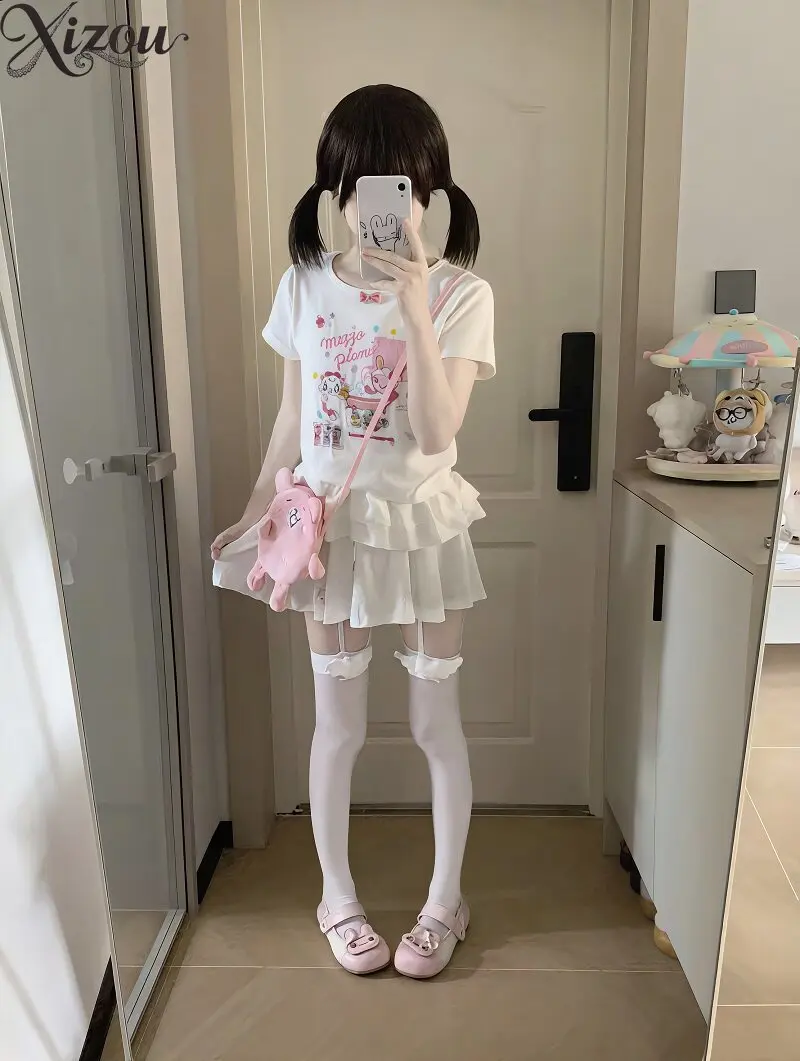 Japanese Rabbit Bear Print Short Sleeve Top Y2K Kawaii Japanese Summer Tee O Neck Crop Cute Sweet Kawaii Summer 2026 Cartoon