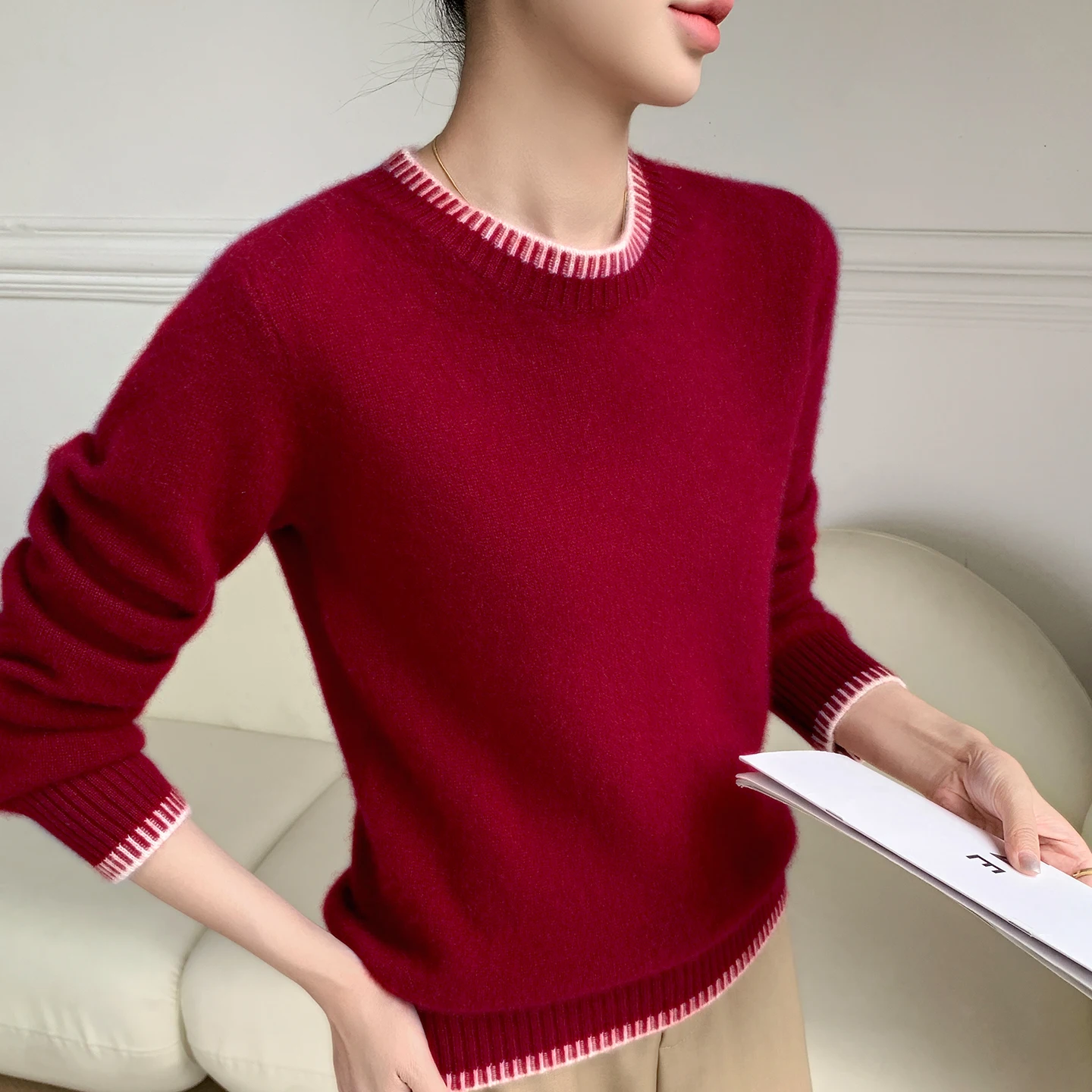 خريف/شتاء جديد المرأة 100% الكشمير الخالص البلوز عادية اللون منعت محبوك سترة فضفاضة الجولة الرقبة القمم سميكة البلوز