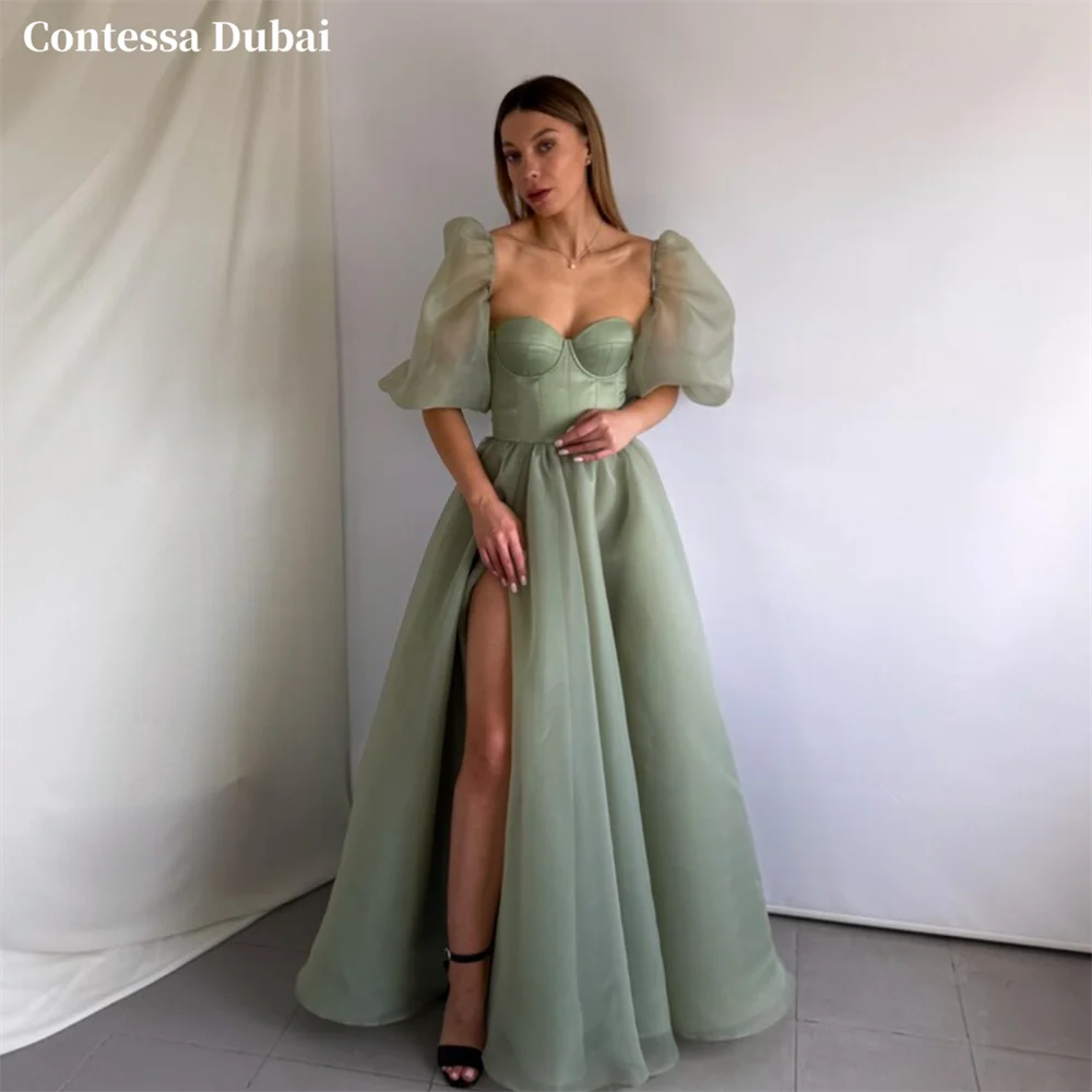 Contessa Custom Green Sweetheart Evening Dress Corset Puff Sleeves Prom Dresses Chiffon Vestidos De Noche A-Line Formal Evening