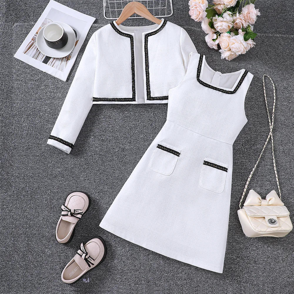 

2024 Clothing Set Girls Long Sleeve O Neck Patchwork T-shirt White Pockets Dress 2 Pcs Sets Casual Girls Clothes Set 7-14T