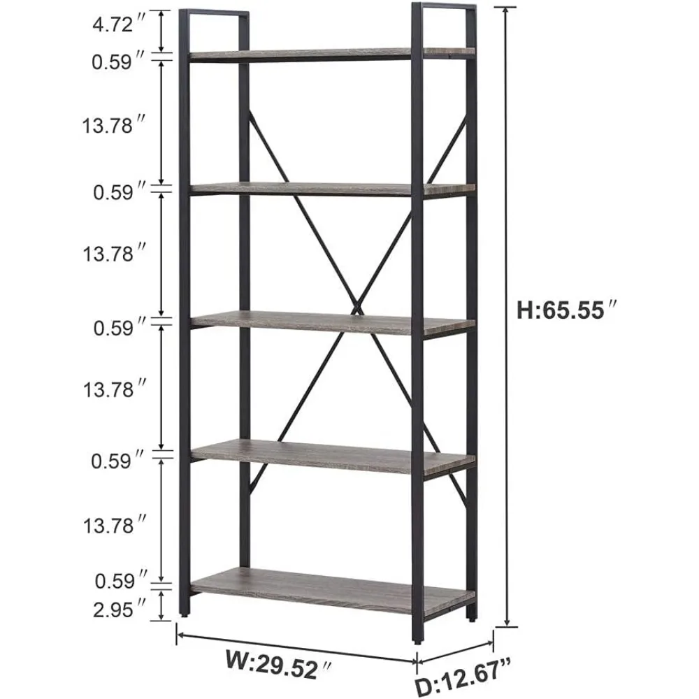 Industrial Bookshelf, Etagere Bookcases and Book Shelves 5 Tier, Rustic Wood and Metal Shelving Unit (Dark Gray Oak)