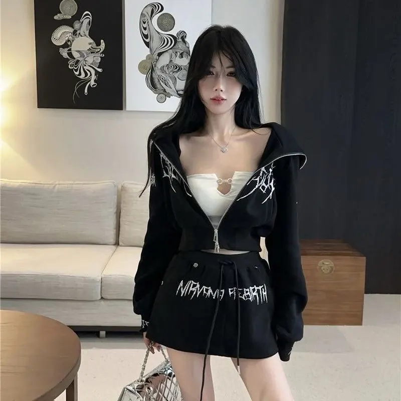 Dark Series Gothic Skirt Sets Spring Autumn Streetwear Women Chic Letter Print Zipper Hoodie and Skirt Hottie Girl Two Piece Set