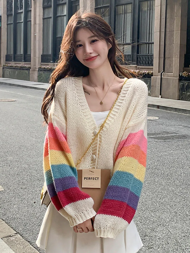 Fashion Rainbow Sweet Cardigan Sweaters Women Casual Lazy Wind Korean Knitted Coat Chic V Neck Loose Long Sleeve Tops Outwear