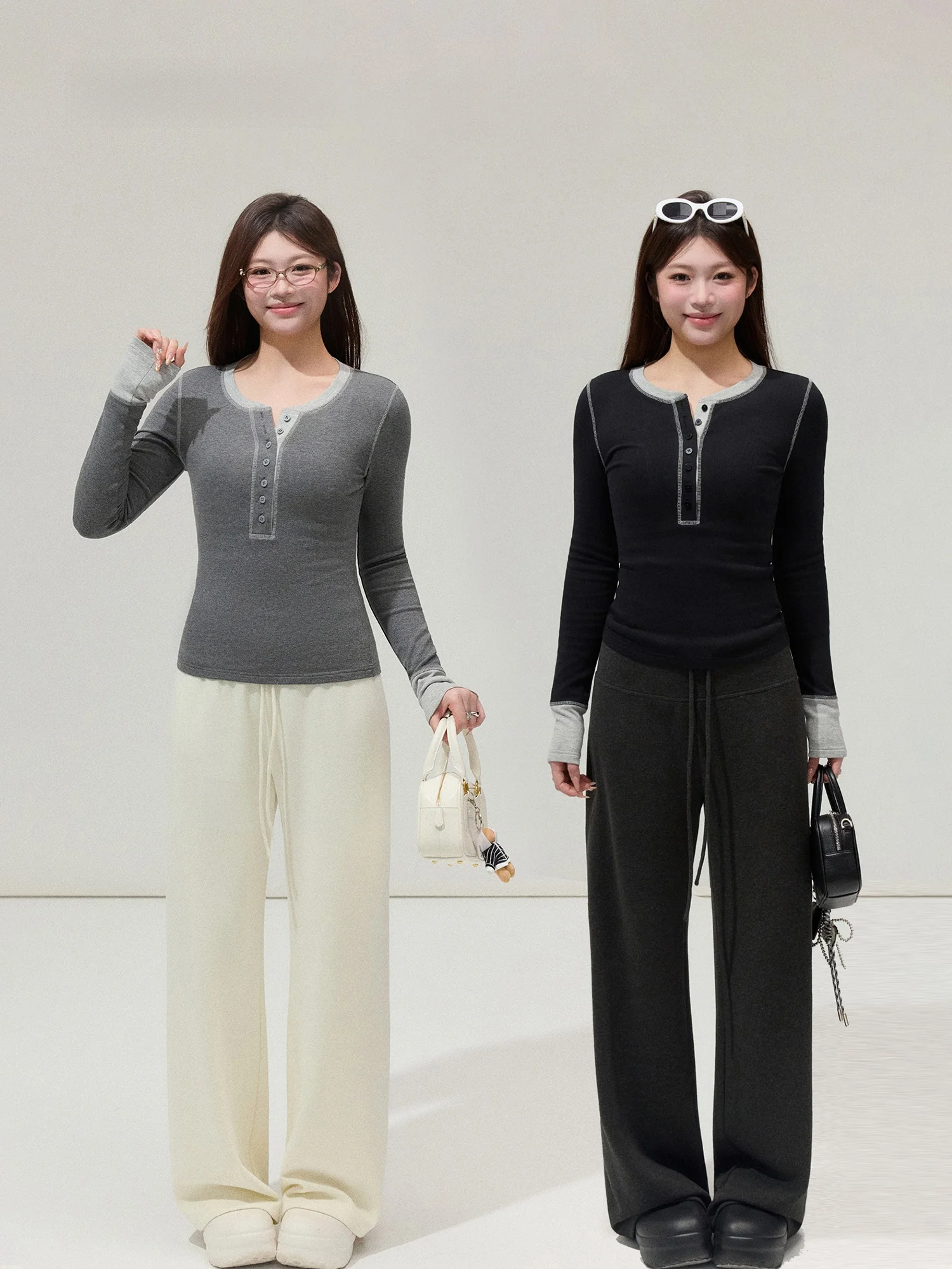 

Wild Korean Sle Slim Fit Knitted T-irt Brued Fabric Base Layer Top Long Sve round Ne Color for Women