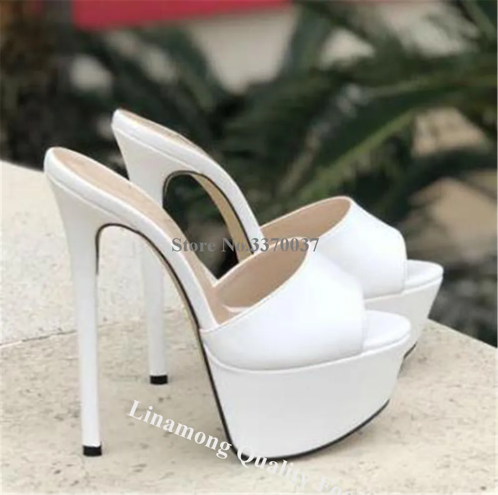 Linamong New Patchwork Stiletto Heel Slippers Peep Toe Red White Pink High Platform Thin Heel Party Heels Big Size Sandals - view 3