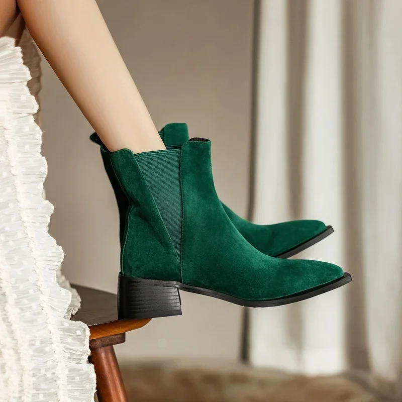 New 2027 Trend Autumn Winter Fashion Sheep Suede Women Shoes Western Boots Black Wine Red Green Pointed Toe Lady Ankle Boots