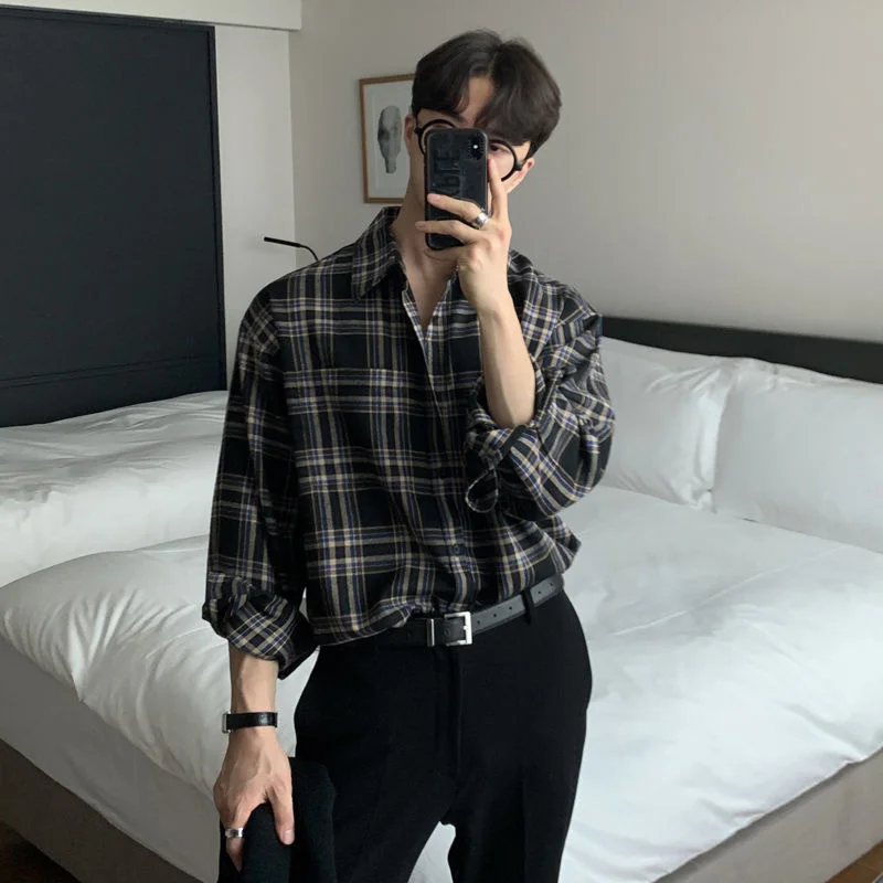 Spring Cotton Long Sleeve Shirt Men Fashion Retro Khaki Black Plaid Shirts Mens Korean Loose Oversized Casual Shirt Men M-2XL