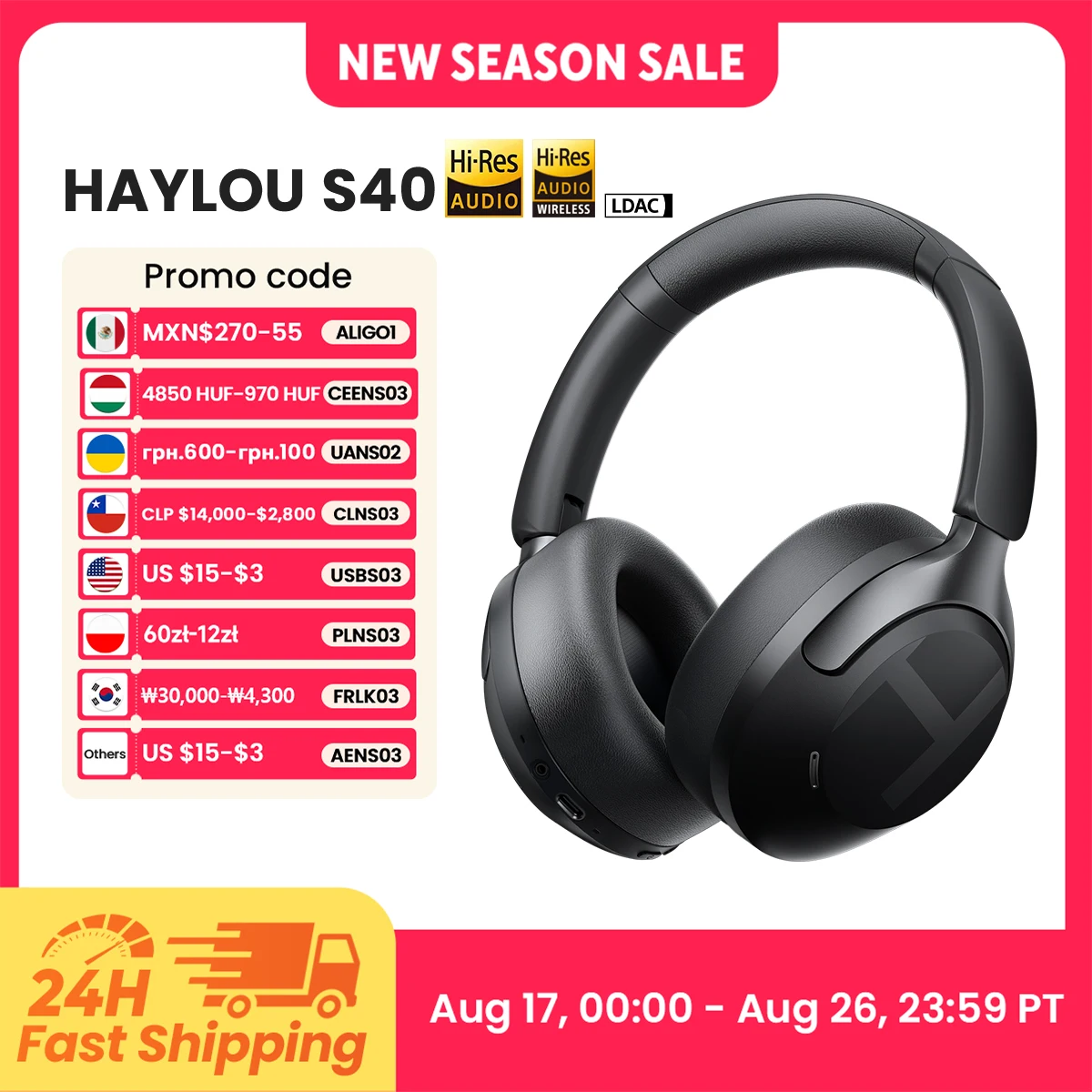 HAYLOU S40 ANC ワイヤレスヘッドフォン 50dB ノイズキャンセリング ハイレゾ 3D 空間オーディオイヤホン LDAC Bluetooth 6.0 オーバーイヤーヘッドセット