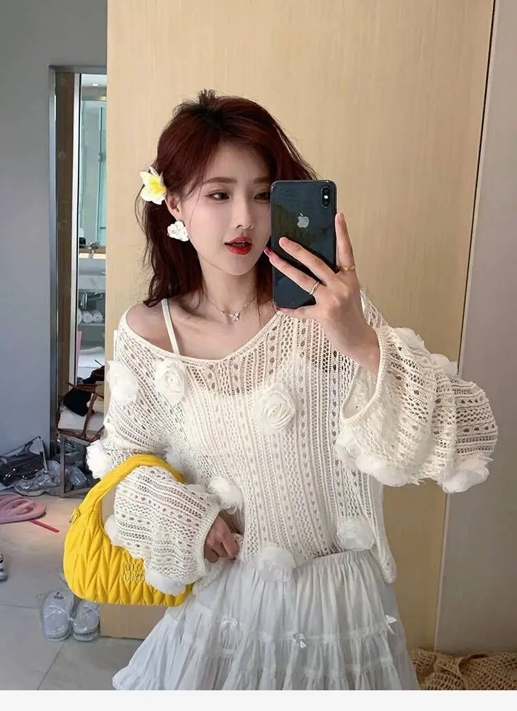 

2024 Women's Spring Summer Caual Knitted T-shirt Hollow Out Design 3D Flower Holiday Cover Up Ladies Loose Linen Tops X943