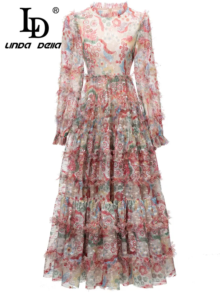 

LD LINDA DELLA 2024 Autumn Fashion Designer Dress Women's Splice long sleeve Hollow Out Print Cascading Ruffle Lace Long Dress