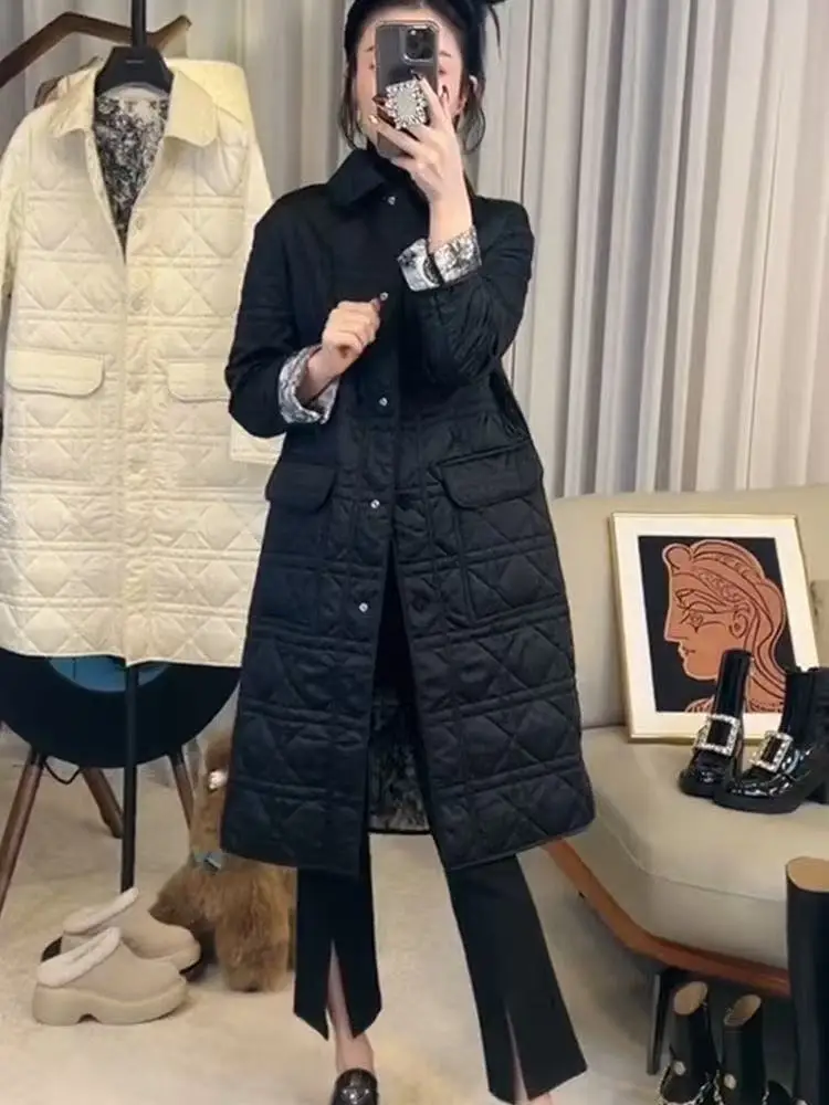 Trendy Black Quilted Cotton Jacket Korean Style Midi Length Rhombus Pattern Commute Friendly Long Sleeve  Collar Coat