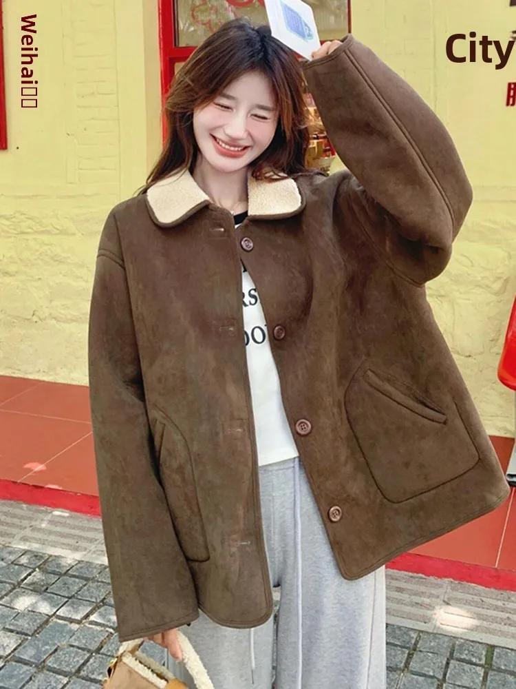 Damski płaszcz z owczej skóry i futra, dwustronny, zimowy, w stylu vintage, z ciepłym kołnierzem, skórzano-futrzany, zapinany na guziki, długi...