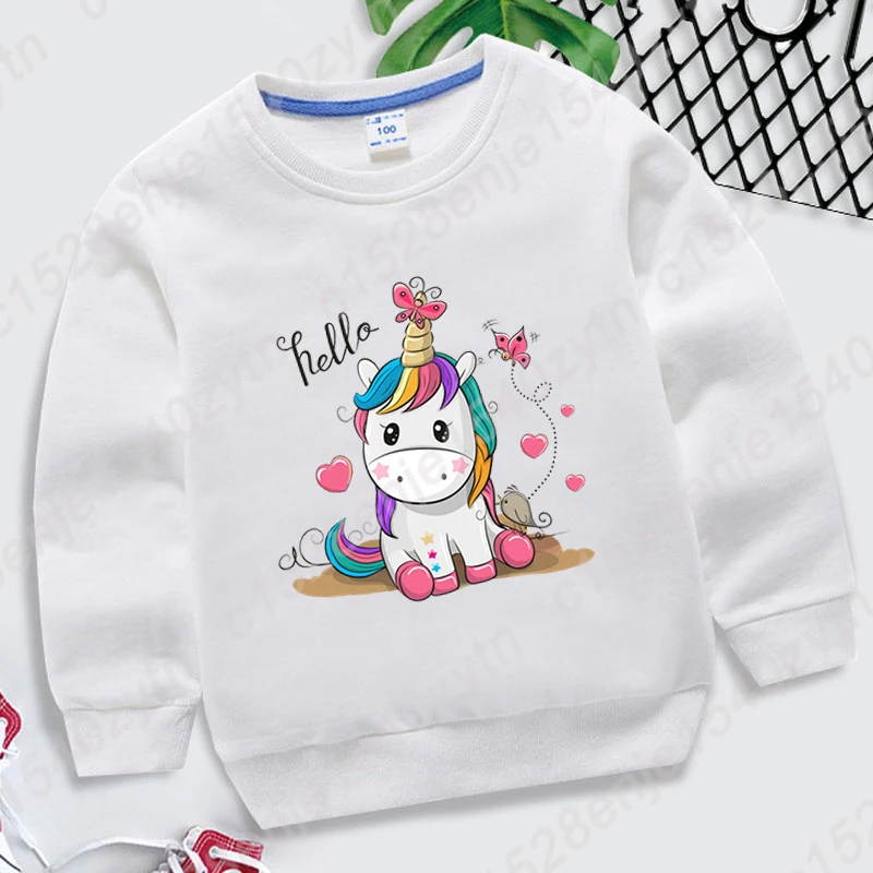 

Cute Hello Unicorn Print Round Neck Sweatshirts Fashion Children Pullover Tops Casual Pure Color Loose Boys Girls Kids Pullovers