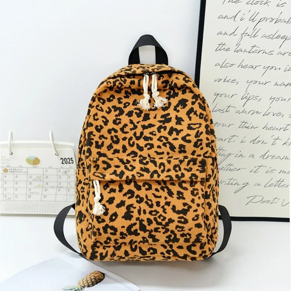 Corduroy Leopard Print Backpack Lightweight Harajuku Students School Bag Adjustable Shoulder Straps Large Capacity