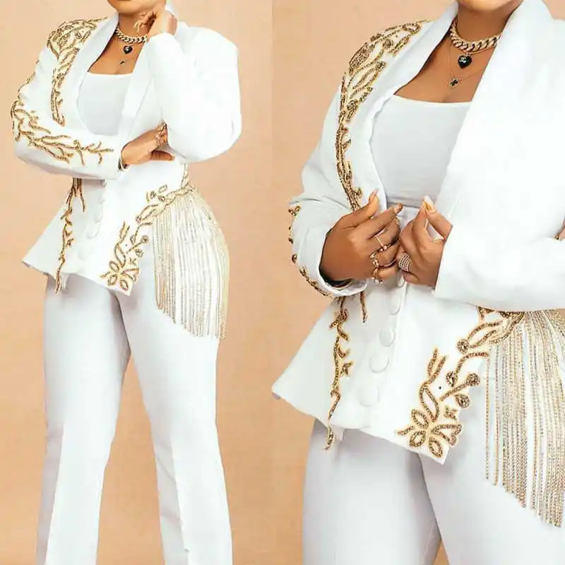 Preciosos trajes de mujer con borlas, 2 piezas, chaqueta de trabajo para oficina para mujer, Blazers con cuentas de cristales, aptos para fiesta de negocios personalizada