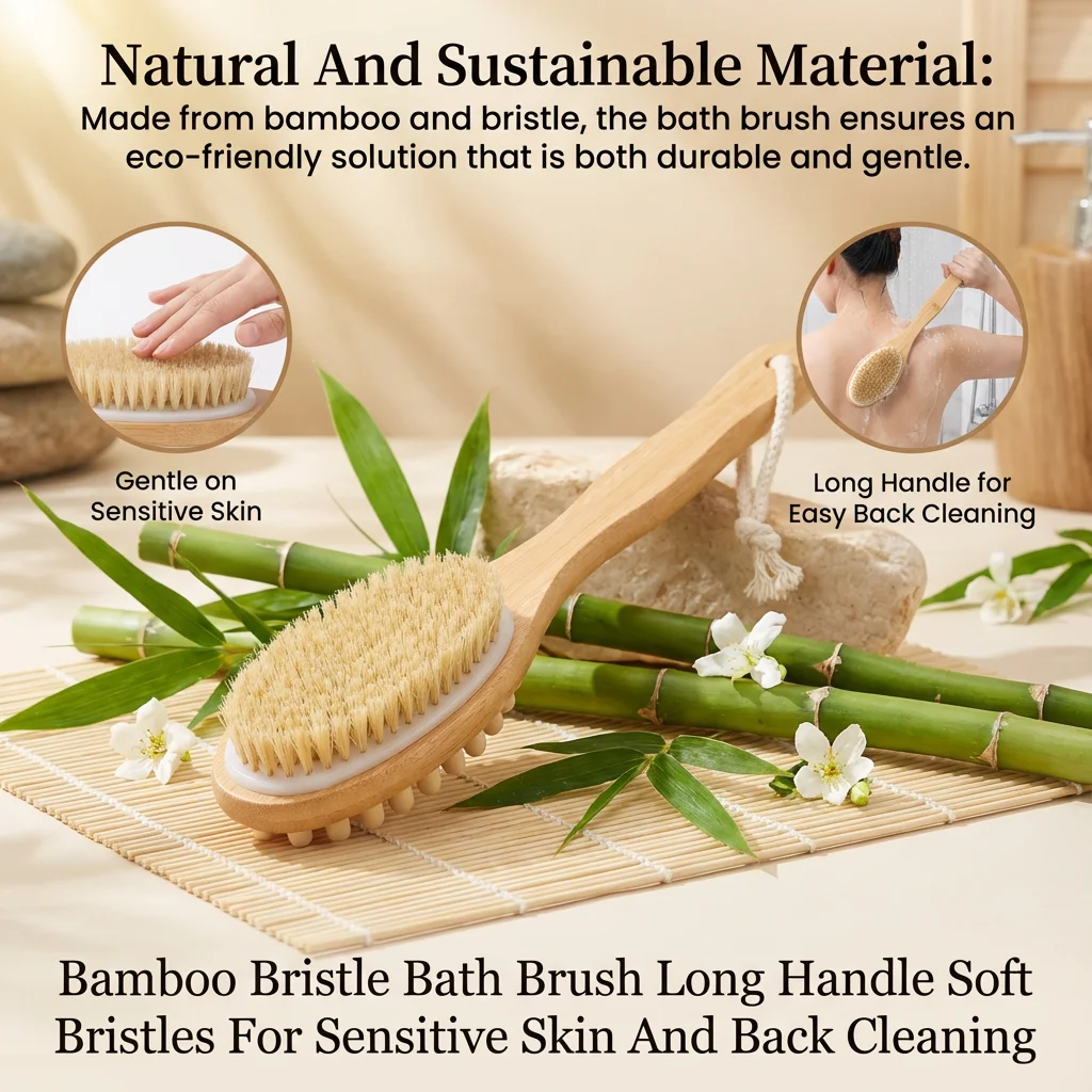 

Bamboo Bristle Bath Brush Long Handle Soft Bristles Perfect Bath Scrubbing Tools For Sensitive Skin And Back Cleaning Tools