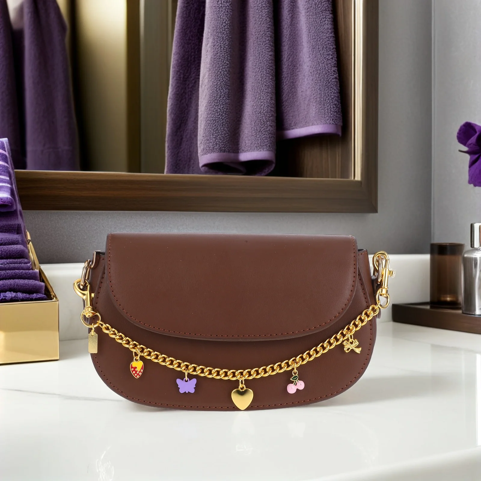 여성용 체인 백 스트랩 12.7인치 골드 메탈 연장 스트랩 핸드백 교체용 숄더 스트랩 과일 참 장식 포함