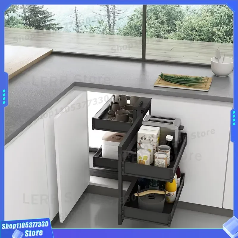 Double Pull Out Kitchen Cabinet Drawer Basket Food Storage Organizer Magic Corner Rack Wire Mesh Pantry Shelf Unit for Home