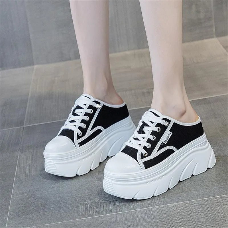 9cm Canvas Genuine Leather Women Summer Shoes Wedge Sneakers Platform Slippers Shoes Slip on Sandals Slideds High Heel