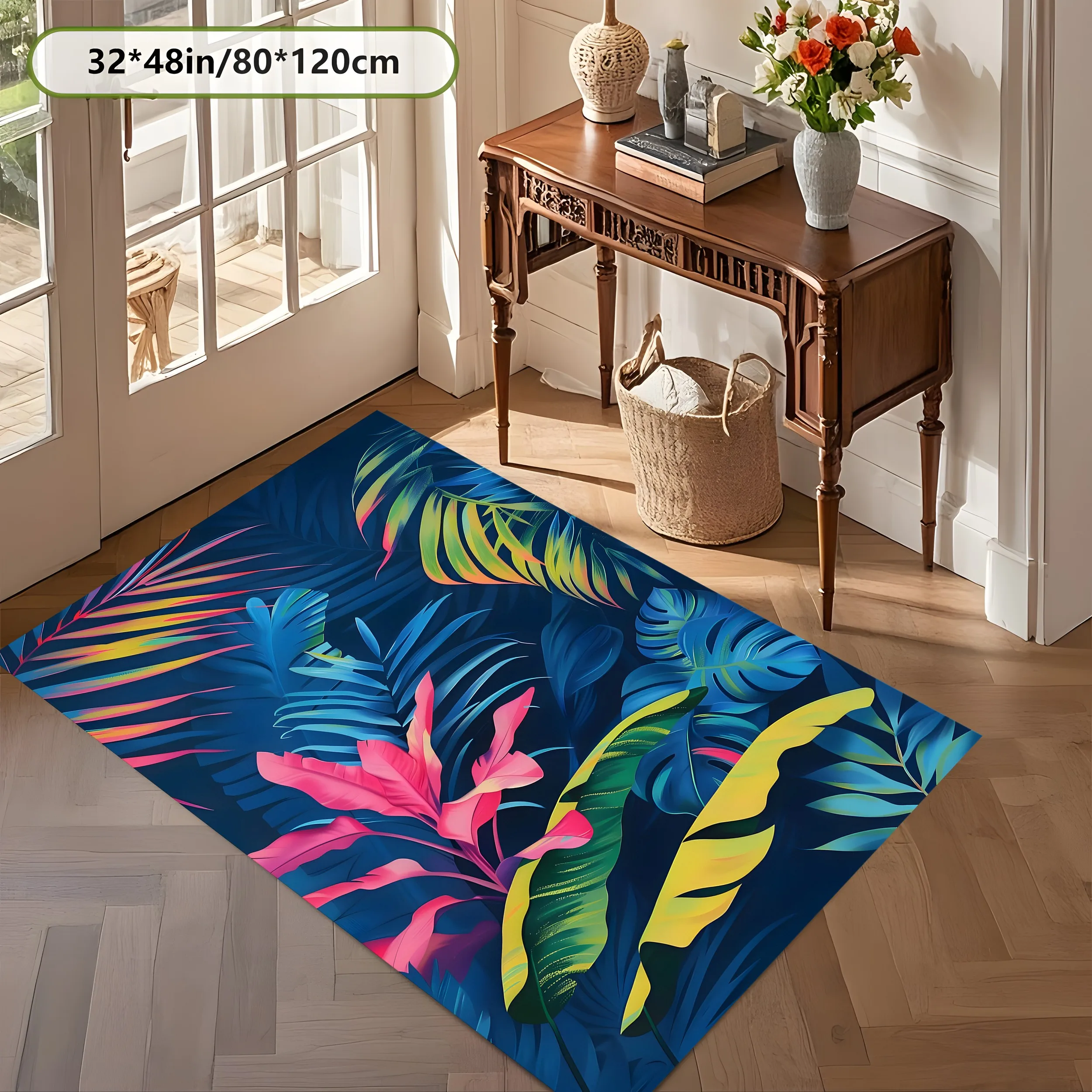 Large Area Rug Contrasting Tropical Plant Print Soft Velvet Comfortable Living Room Bedroom Home Decor Area Rug