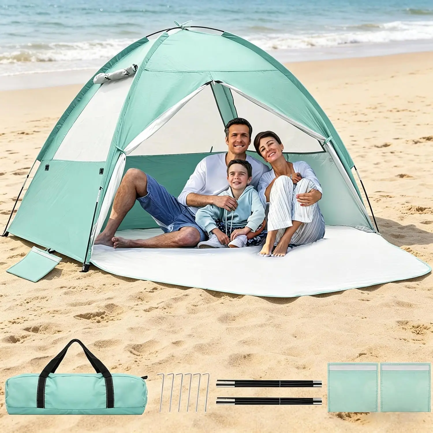 

Beach Tent for 3-4 Person, Large Easy Setup Beach Shade Canopy with UPF 50＋ UV Protection, Portable