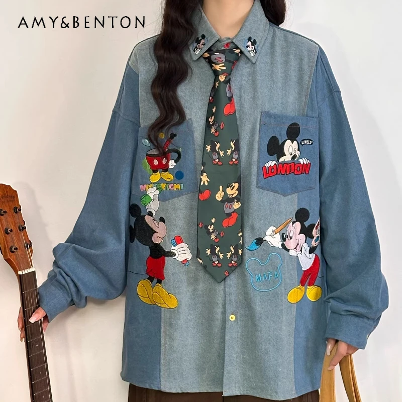 

American Retro Cartoon Embroidered Long-sleeves Denim Shirt Women's New Loose-fit Color-block Top Single-breasted Blouse Jacket