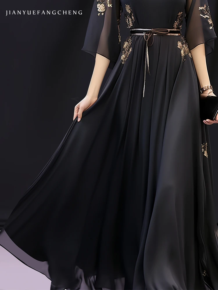 Womens Summer Short Sleeve Black Embroidered Chiffon Long Dress High Waisted A-line Pleated Big Swing Flowing Floor Dresses