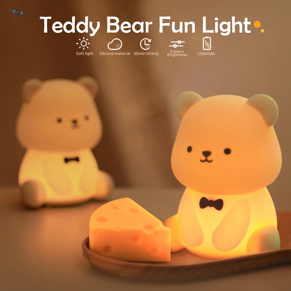 Silicone Teddy Bear Fun Night Light 3 Level Dimmable Nursery Light Colorful Warm White Sleeping Beside Lamp For Bedroom