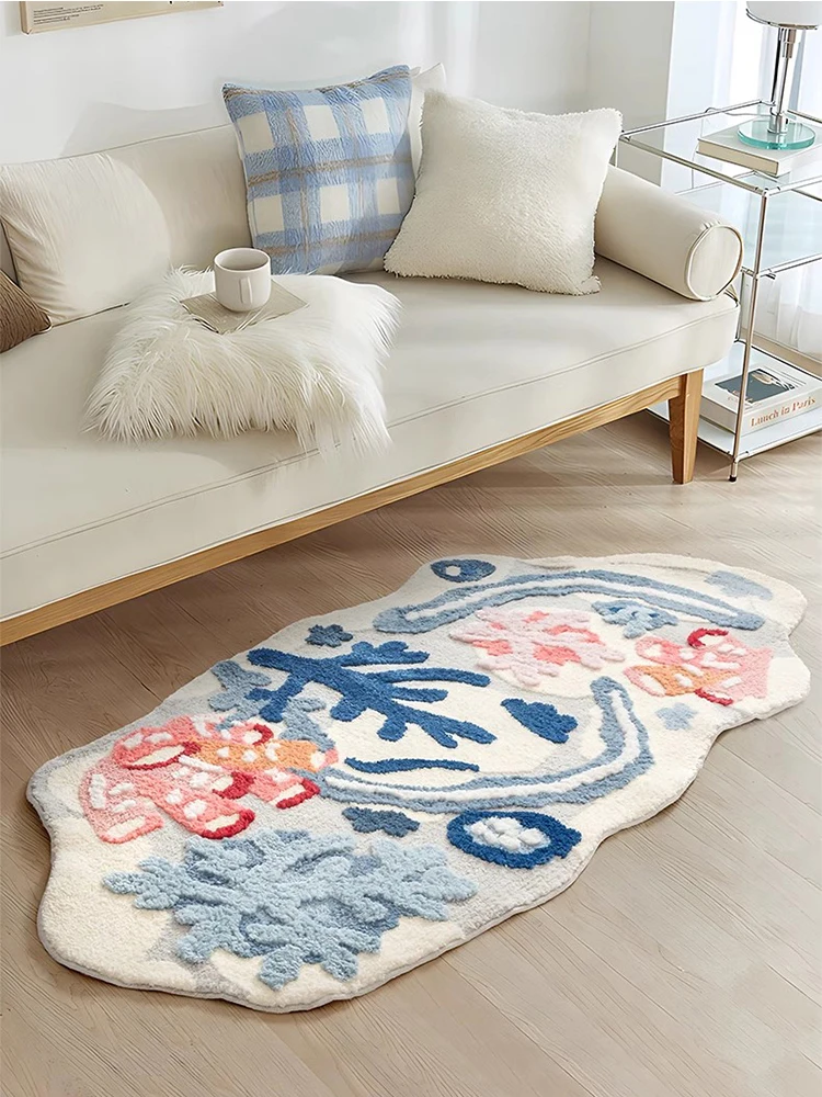 Ins Plush Tufted Carpet Flocking Floral Modern Bedroom Bedside Rug Living Room Decorative Carpet Thickened Plush Anti-slip Floor