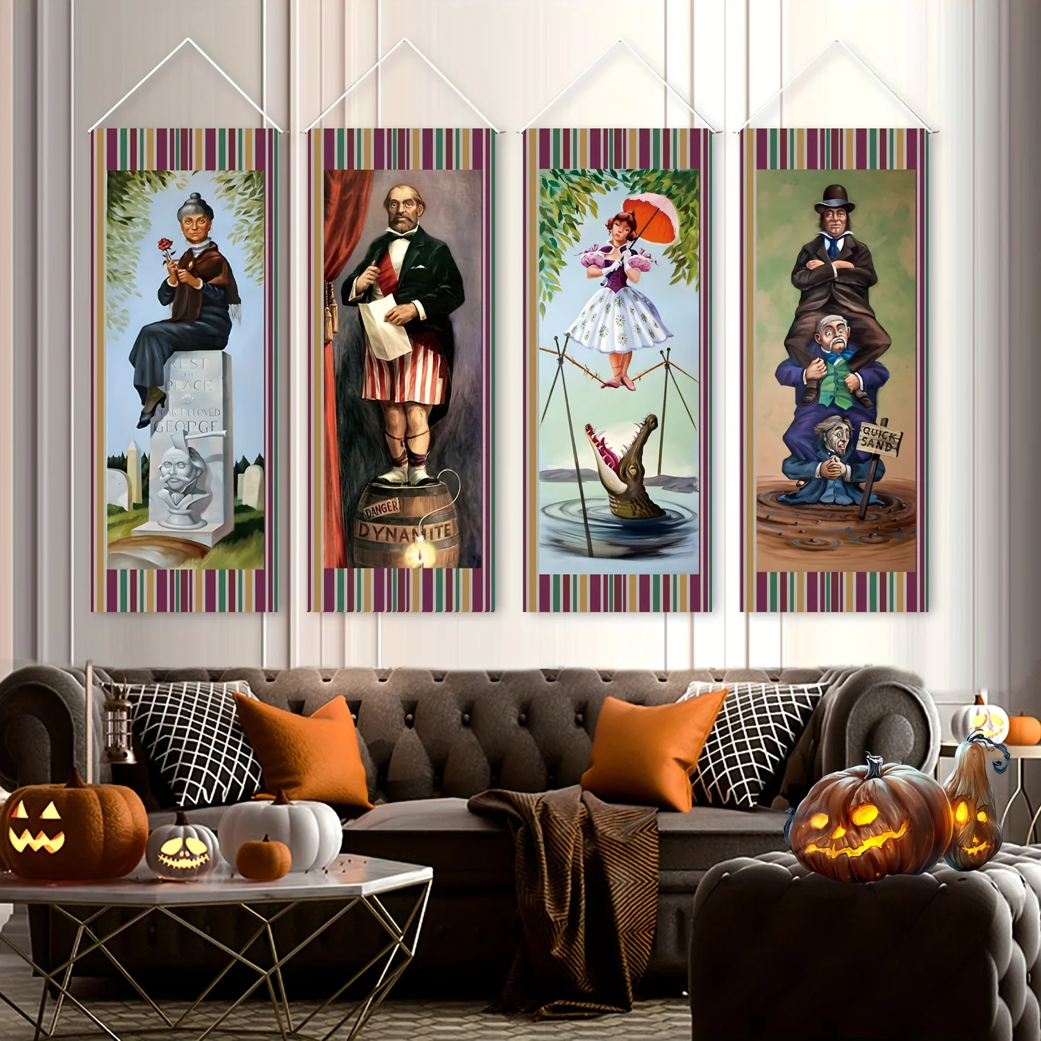 4PCS Haunted Mansion Stretching Portrait Halloween Decoration Horror Poster for Outdoor Home Wall Decor Halloween Hanging Banner