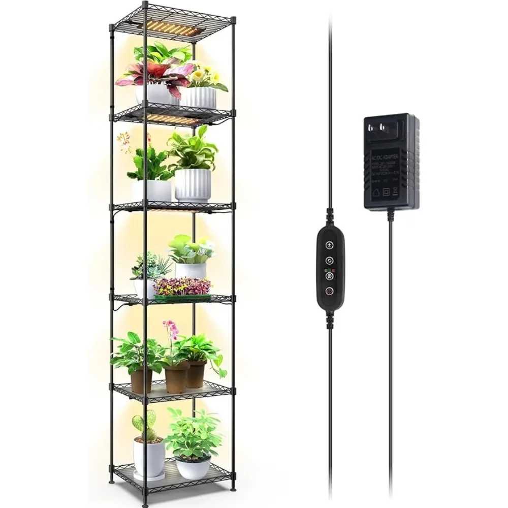 

Plant Stand with Grow Lights, 6-Tier Plant Shelf with 5-Pack 50W Full Spectrum Ultra-Thin Grow Light Panel, 3 Modes, Auto Timer