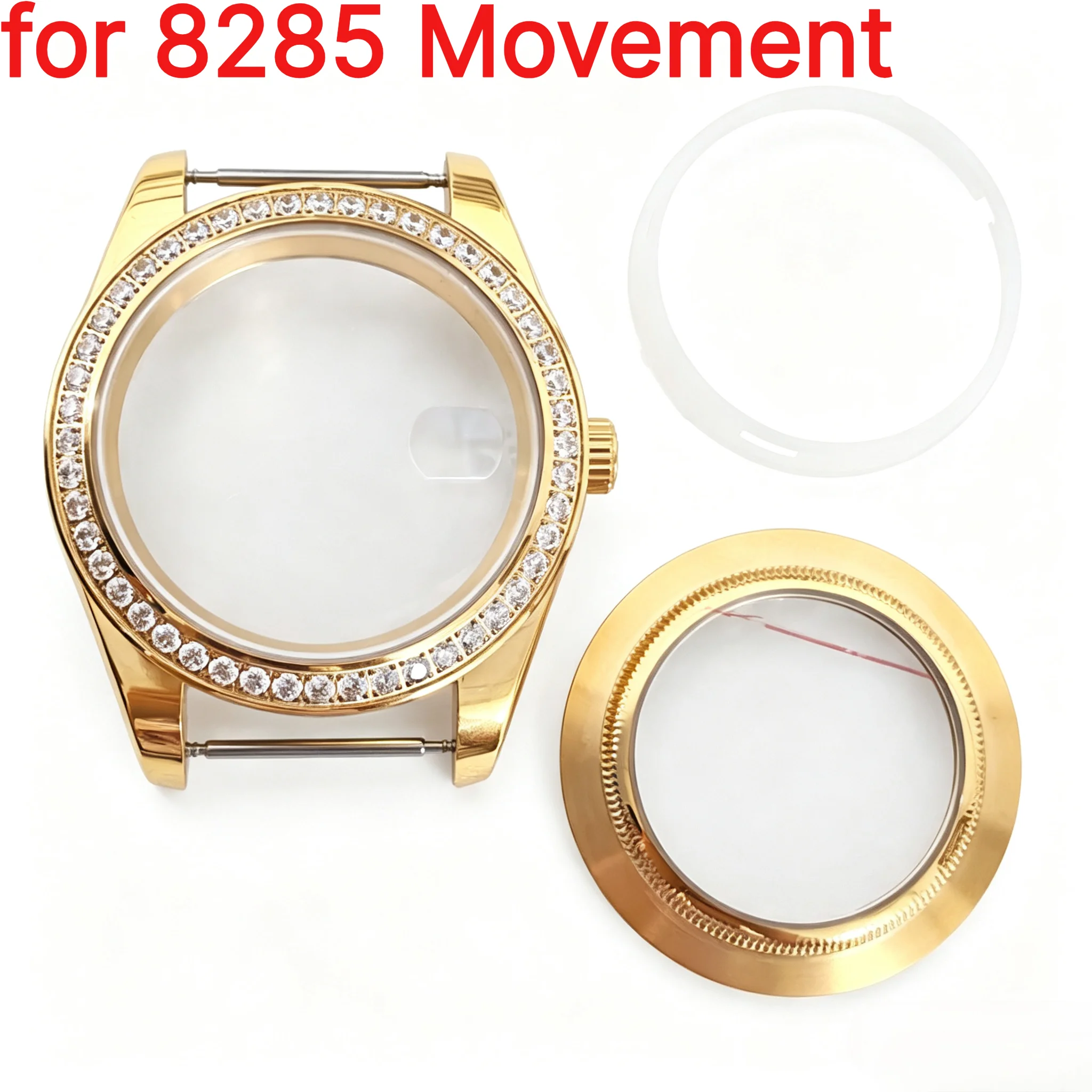 8285 41mm*13mm Gold Plated Watch Case with Diamond Artificial Sapphire Glass Transparent Back for 8285 Movement for 31mm Dial