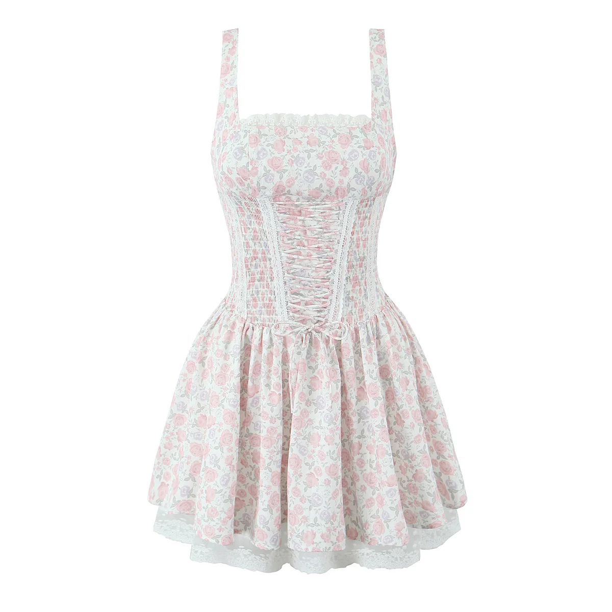 Sexy Slim Fit Princess Dress Lace Trim Waist Cinching Print Short