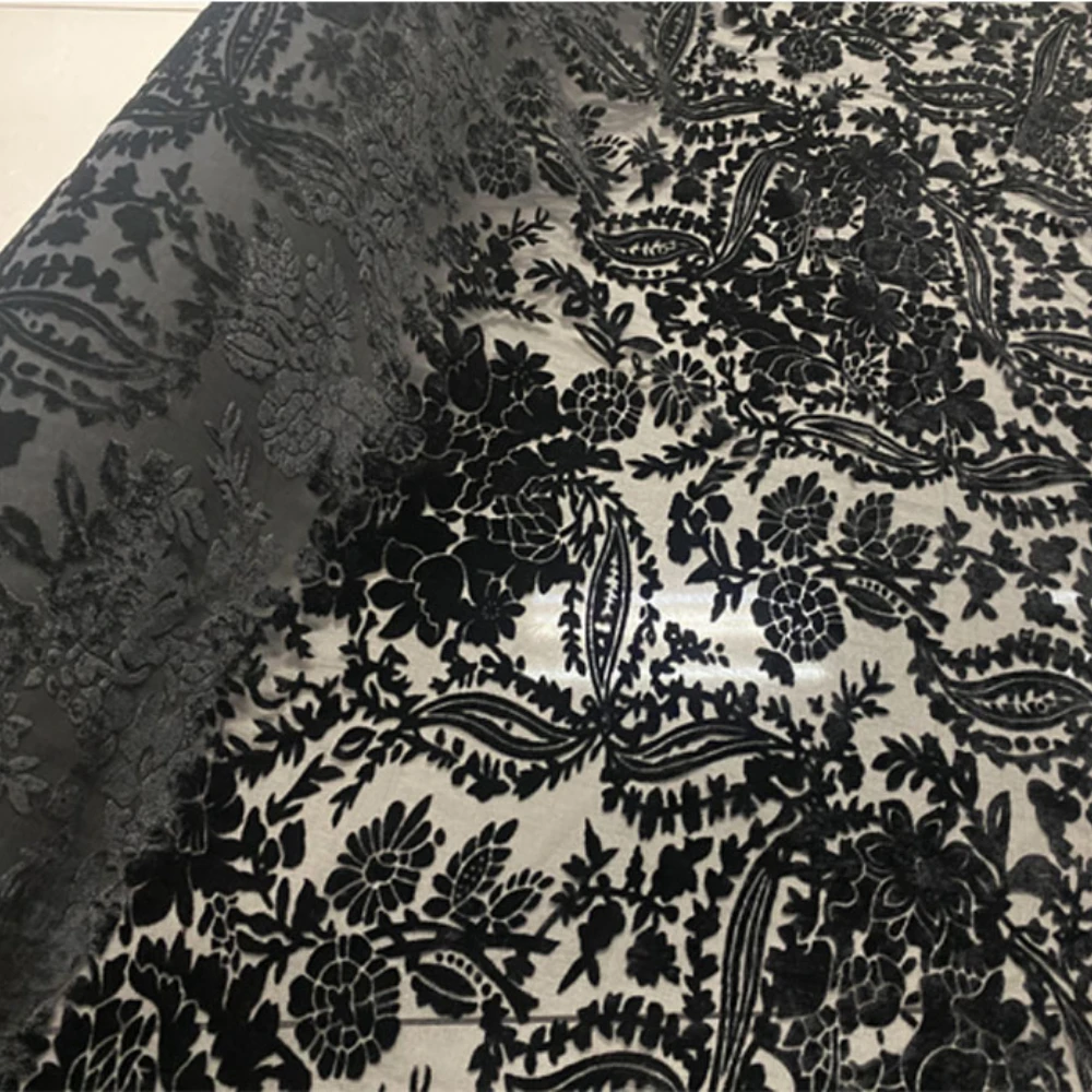 High Quality Sheer Jacquard Silk Velvet Fabric Dress Cheongsam Women\'s Clothing Fabric White Black Cashew Flower No Stretch