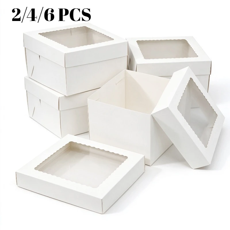 2/4/6PCS Disposable White Bakery Container with Viewing Window Foldable Cake Pastry Cookie Packing Box for Birthday Party