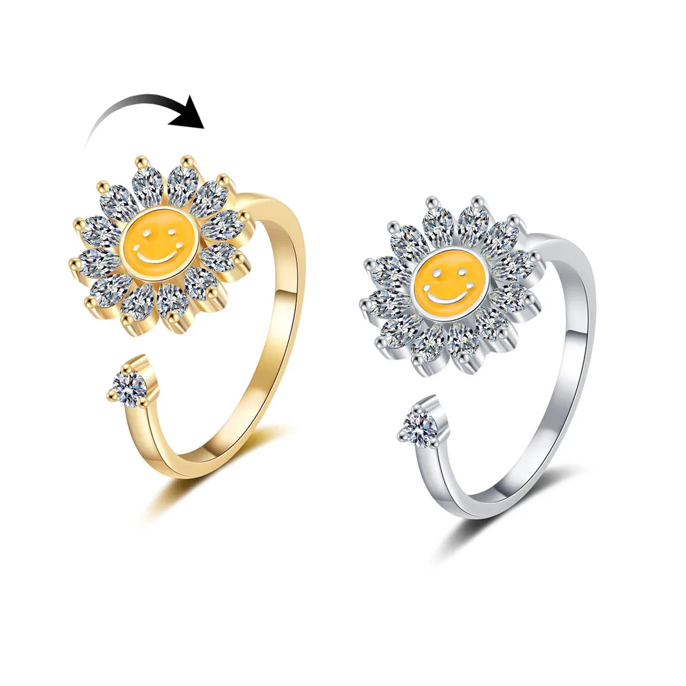 해피 페이스 해바라기 Fidget Spinner Rings 여성용 불안 완화 다이아몬드 스피닝 안티 스트레스 회전 링 Bague Femme