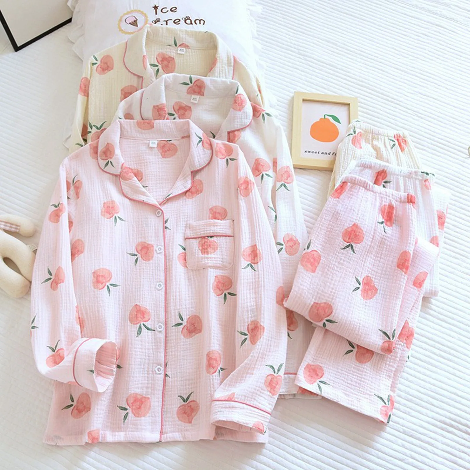 Women Spring Autumn And Summer Thin Pajamas Cute Pink Peach Print Cardigan Wear Set Fleece Pajamas Women Set