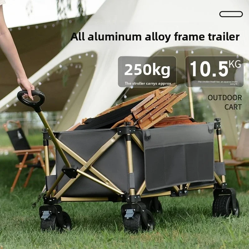 Outdoor Pull Truck Large Capacity, Campsite Portable Gathering Foldable Aluminum Alloy Four-Wheel Trailer Picnic Pull Truck