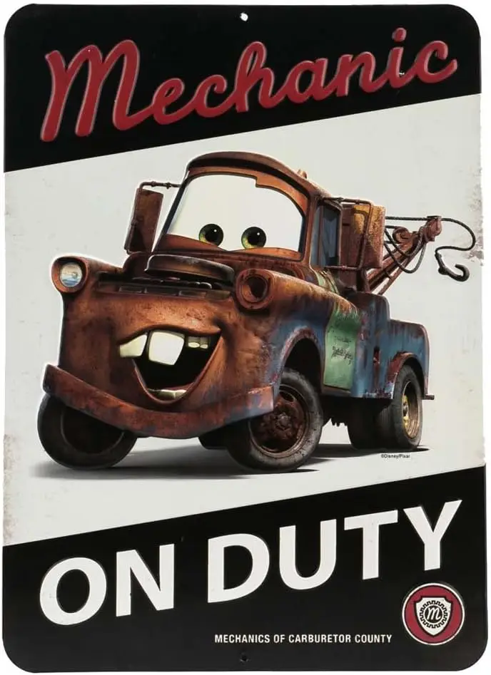 Cars Tow Mater Mechanic On Duty Embossed Metal Sign - Vintage Tow Mater Sign for Bedroom or Garage