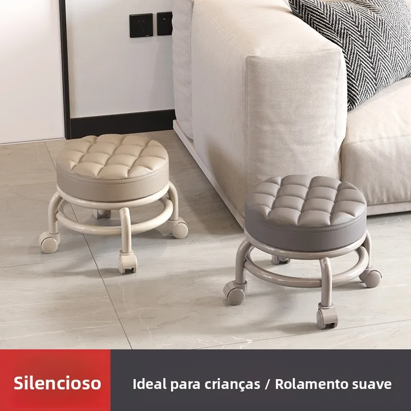 rolling-baby-walker-stool-with-dollies-multi-directional-wheels-low-height-foot-care-round-stool-rubber-wood-leather-finish