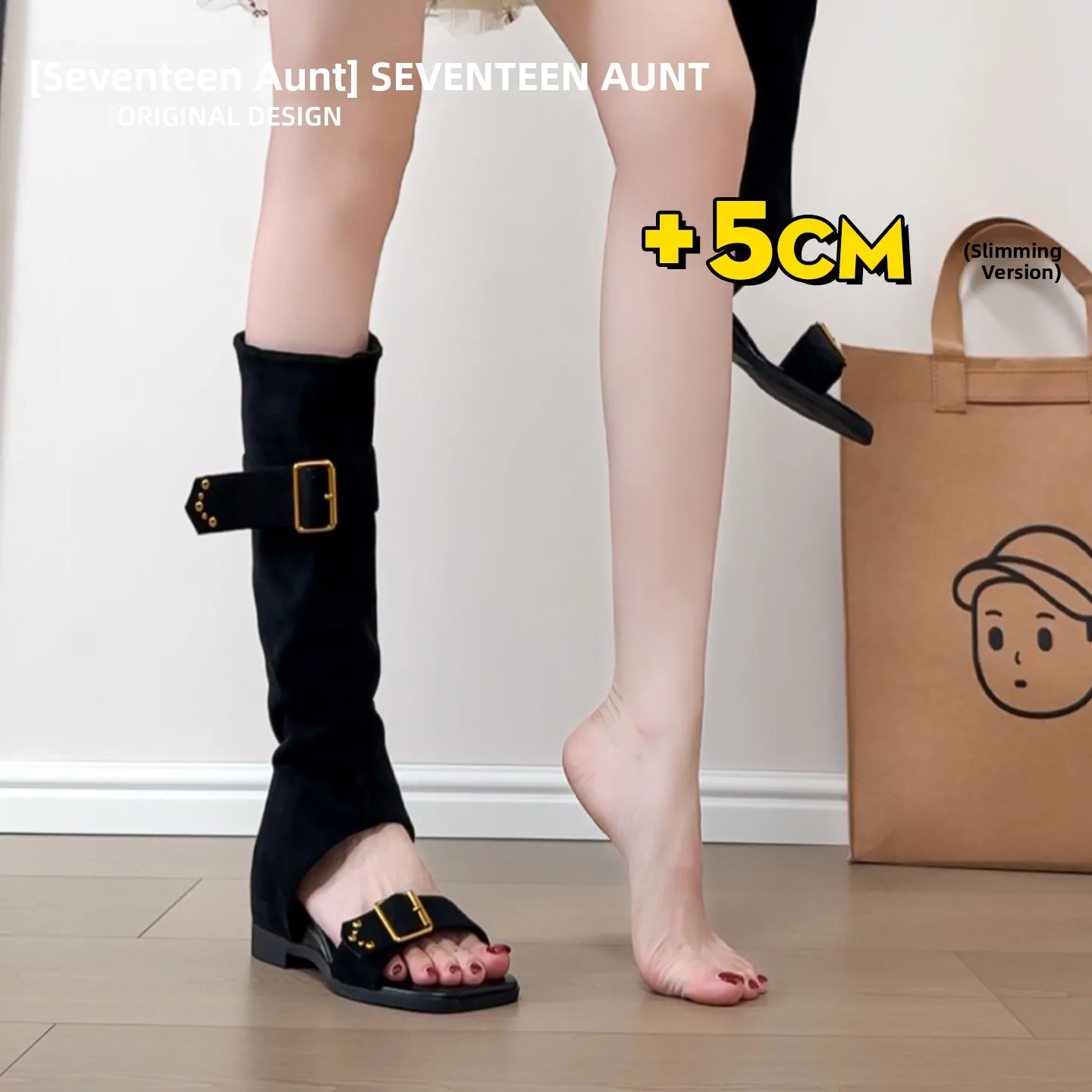Black Roman Toe Exposure Sandals Women Summer Outdoor Fashion New Travel Spicy Girl High Tube Boot Inner Heightening Long Tub...