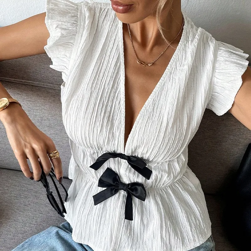 White Tops For Women Summer Thin Solid Color Deep V Neck Black Bow Front Frill Flying Sleeve Smocked Shirts & Blouses Streetwear