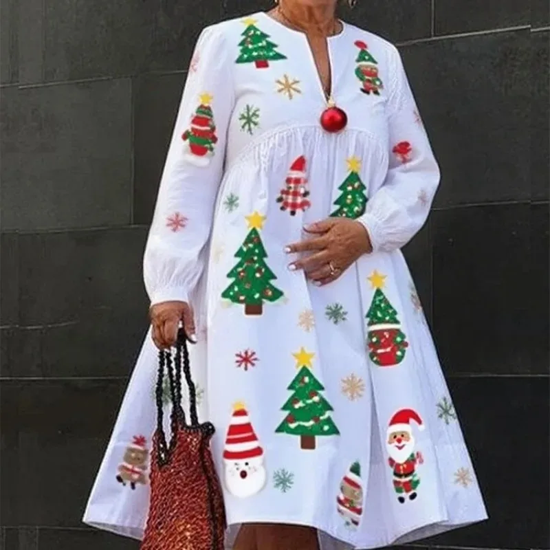 

Plus Size Christmas Party Dresses for Women 2026 New A-line O Neck Long Sleeve Cute Printed Evening Elegant Dress