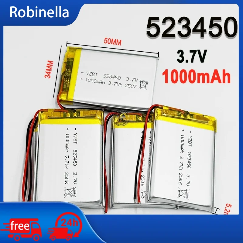 Rechargeable 523450 Lipo Battery 3.7V 1000mAh Li-ion Polymer Battery for Bluetooth Speaker GPS Device 1-12Pcs Long Battery Life