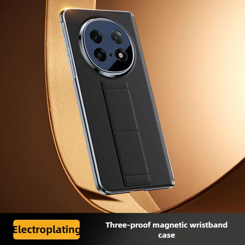 

Leather Foldable Phone Case for OPPO Find N5 5G Three-proof Magnetic Wristband Kickstand Back Cover With Protection Film