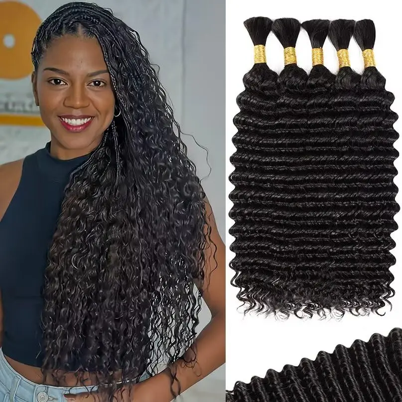 

14A Human Braiding Hair for Boho Braids 5 Bundles 16Inch Deep Wave Braiding Hair for Bohemian Knotless Braids Extensions No Weft